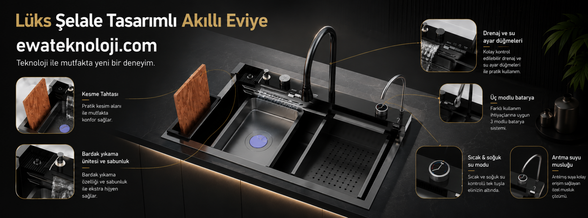 Lüks Şelale Tasarımlı Akıllı Eviye 75×45 cm. Antrasit