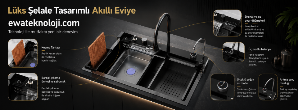 Lüks Şelale Tasarımlı Akıllı Eviye 75×45 cm. Antrasit