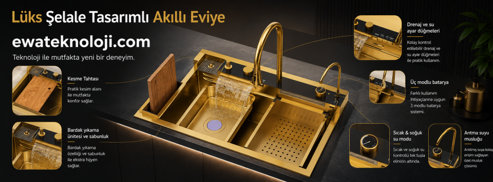 Lüks Şelale Tasarımlı Akıllı Eviye 75×45 cm. Gold