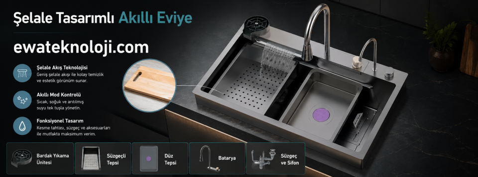 Şelale Tasarımlı Akıllı Eviye 75×45 cm Antrasit
