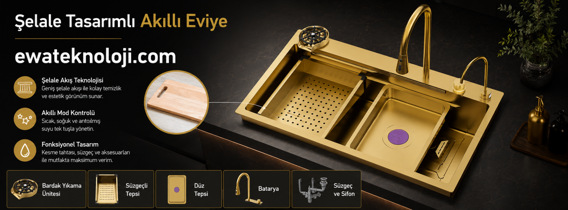 Şelale Tasarımlı Akıllı Eviye 75×45 cm Gold
