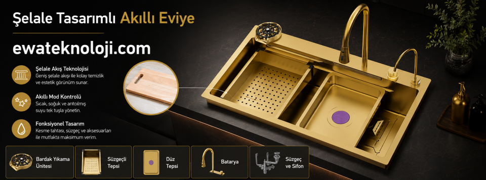 Şelale Tasarımlı Akıllı Eviye 75×45 cm Gold