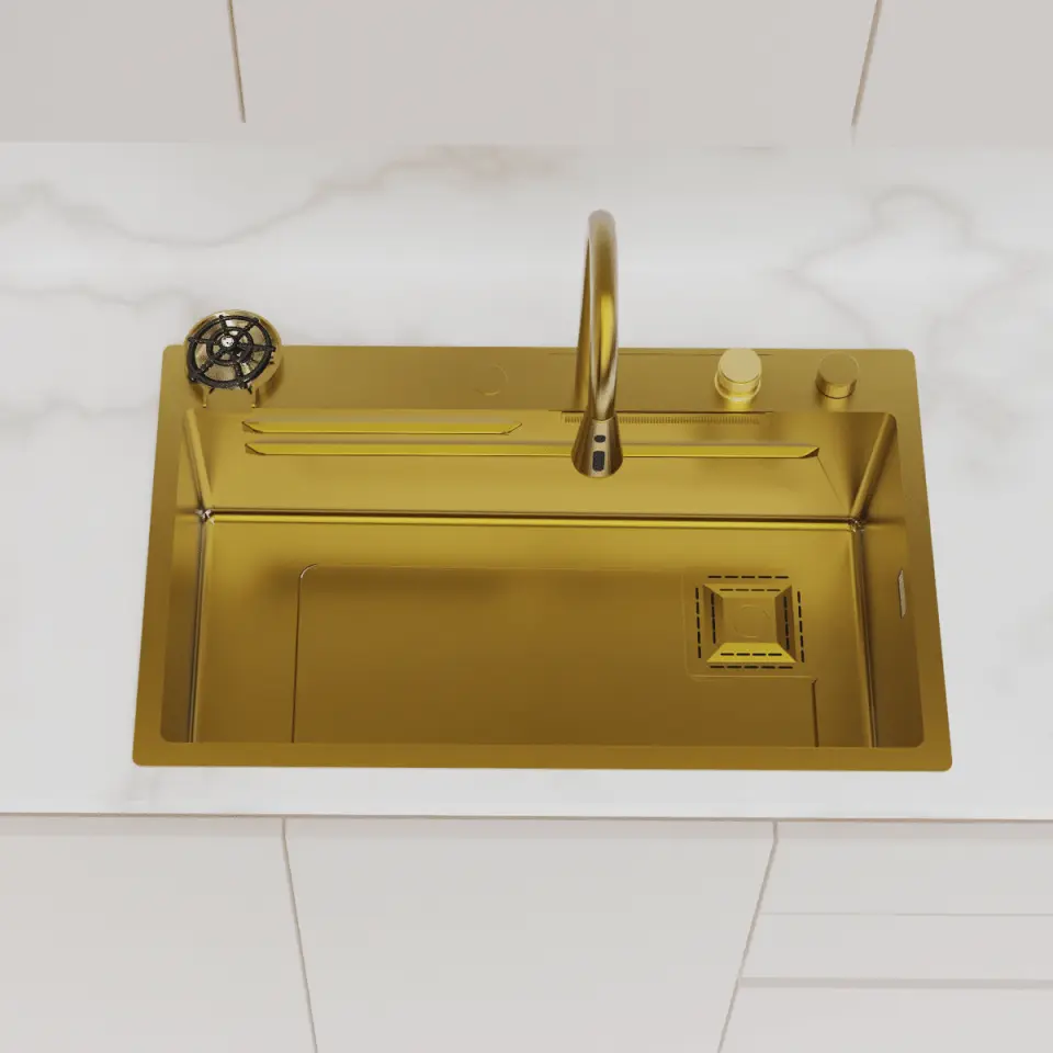 Şelale Tasarımlı Akıllı Eviye 75×45 cm Gold